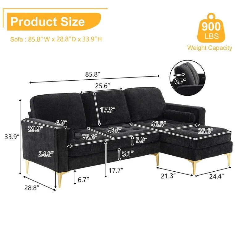 Trzyosobowa modułowa sofa pokojowa ze złotymi nóżkami trójnogami