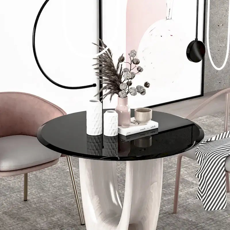Plateau de table rond en verre trempé noir, bords polis biseautés épais