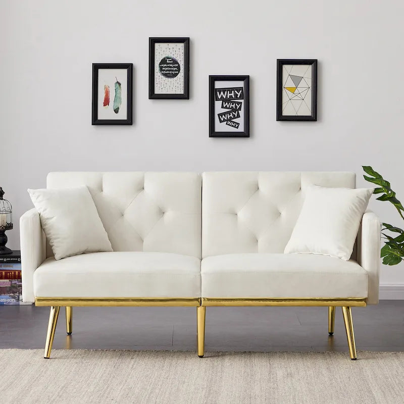 Kremowo-biała rozkładana sofa welurowa - 31.49 x 59.00 x 29.52