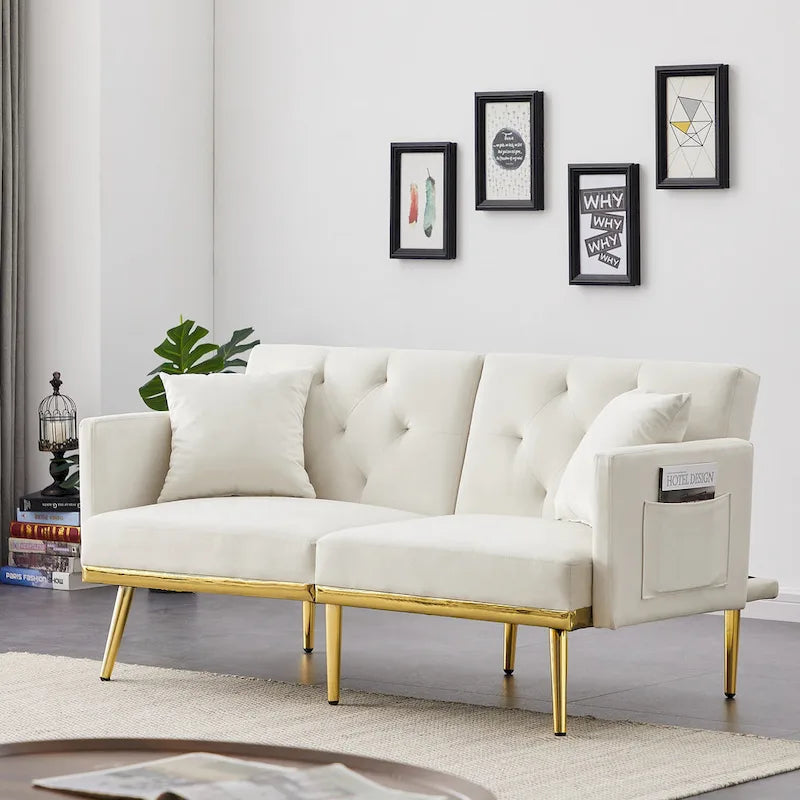 Kremowo-biała rozkładana sofa welurowa - 31.49 x 59.00 x 29.52
