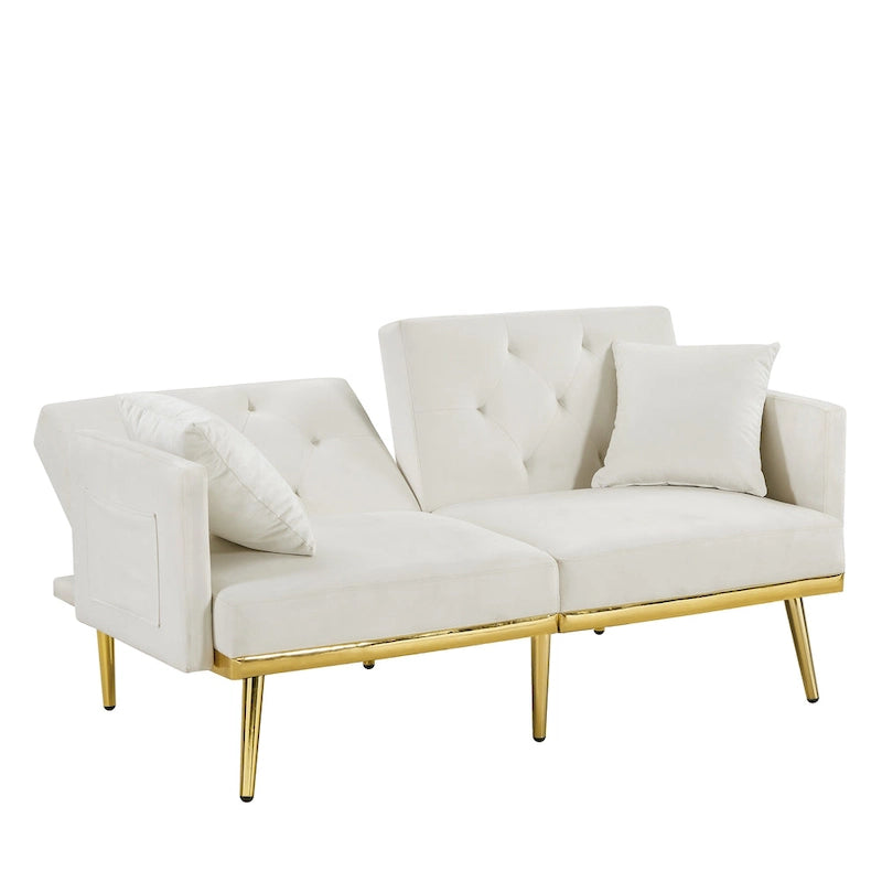Kremowo-biała rozkładana sofa welurowa - 31.49 x 59.00 x 29.52