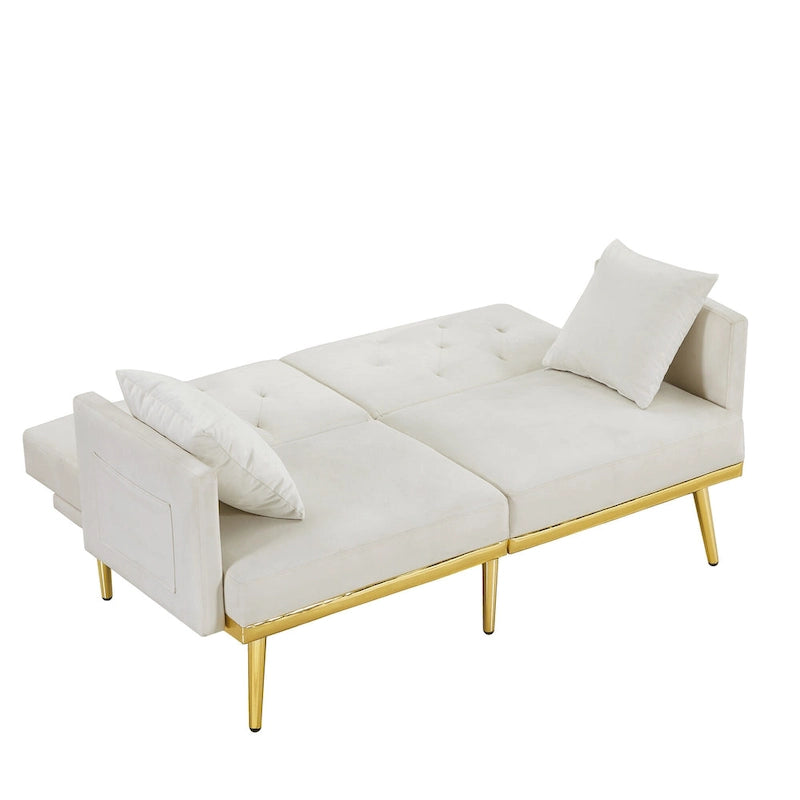 Kremowo-biała rozkładana sofa welurowa - 31.49 x 59.00 x 29.52