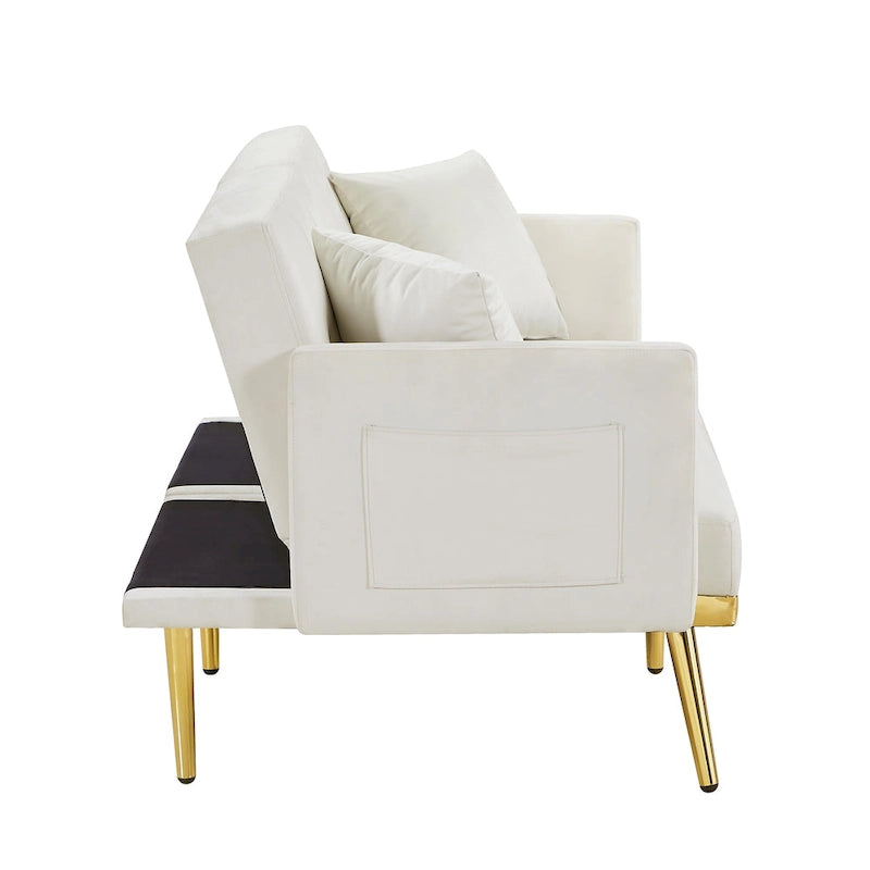 Kremowo-biała rozkładana sofa welurowa - 31.49 x 59.00 x 29.52