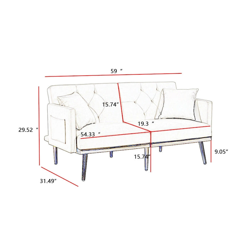 Kremowo-biała rozkładana sofa welurowa - 31.49 x 59.00 x 29.52