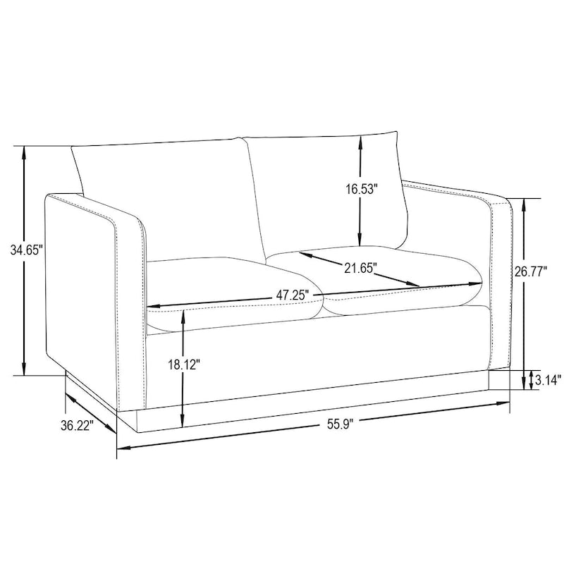 LeisureMod Nervo Nowoczesna Skórzana Sofa Dwuoosobowa ze Złotą Podstawą i Poduszkami - 55.9