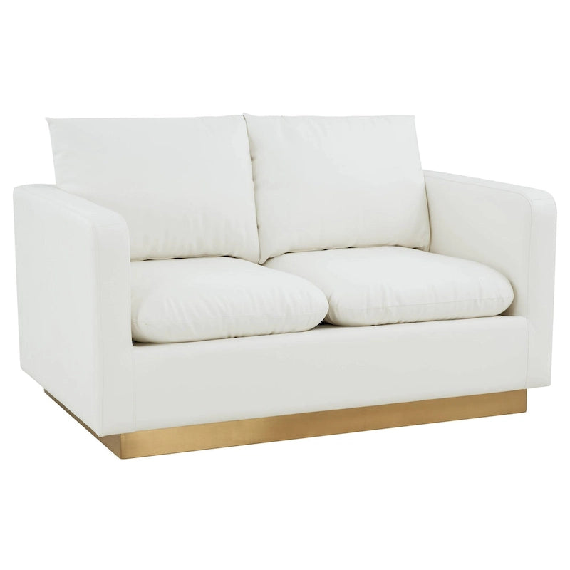 LeisureMod Nervo Nowoczesna Skórzana Sofa Dwuoosobowa ze Złotą Podstawą i Poduszkami - 55.9