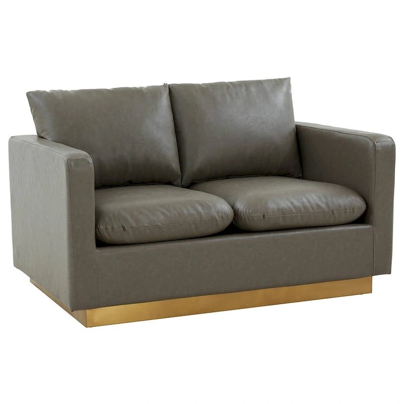 LeisureMod Nervo Nowoczesna Skórzana Sofa Dwuoosobowa ze Złotą Podstawą i Poduszkami - 55.9