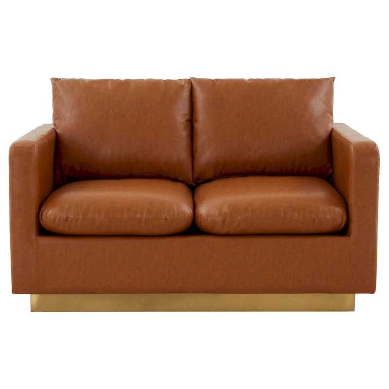 LeisureMod Nervo Nowoczesna Skórzana Sofa Dwuoosobowa ze Złotą Podstawą i Poduszkami - 55.9