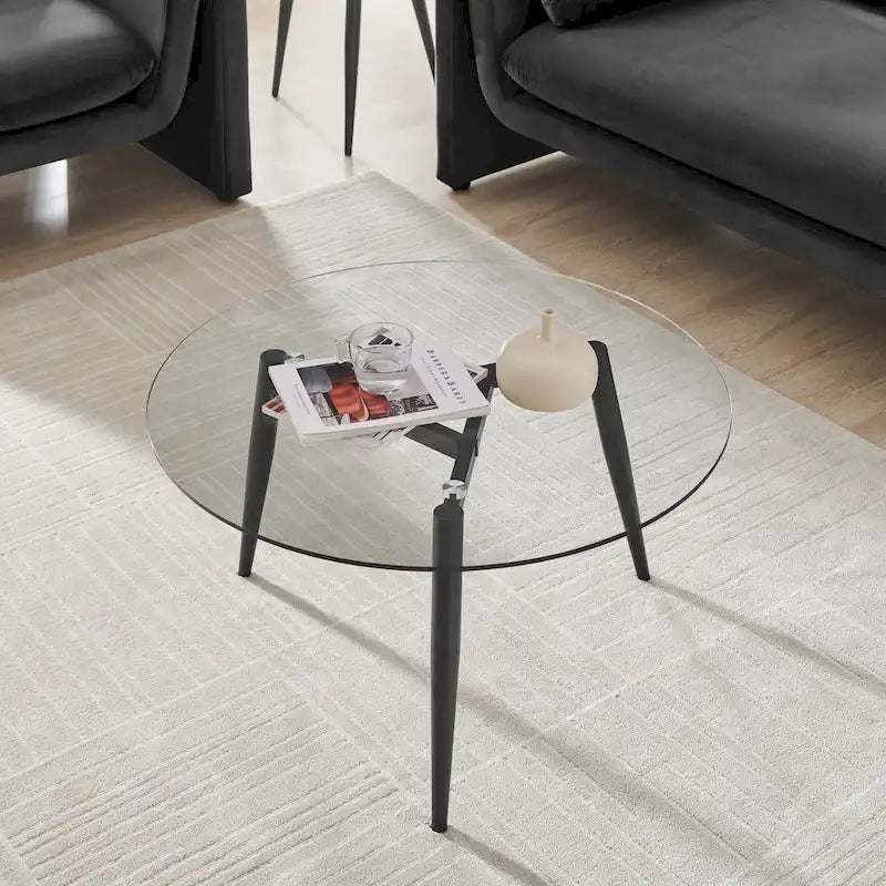 Table basse Danya B. Van Beuren avec pieds fuselés et plateau en verre