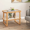 Bamboo Side Table with Rattan Shelf Glass Top Nightstand End Table