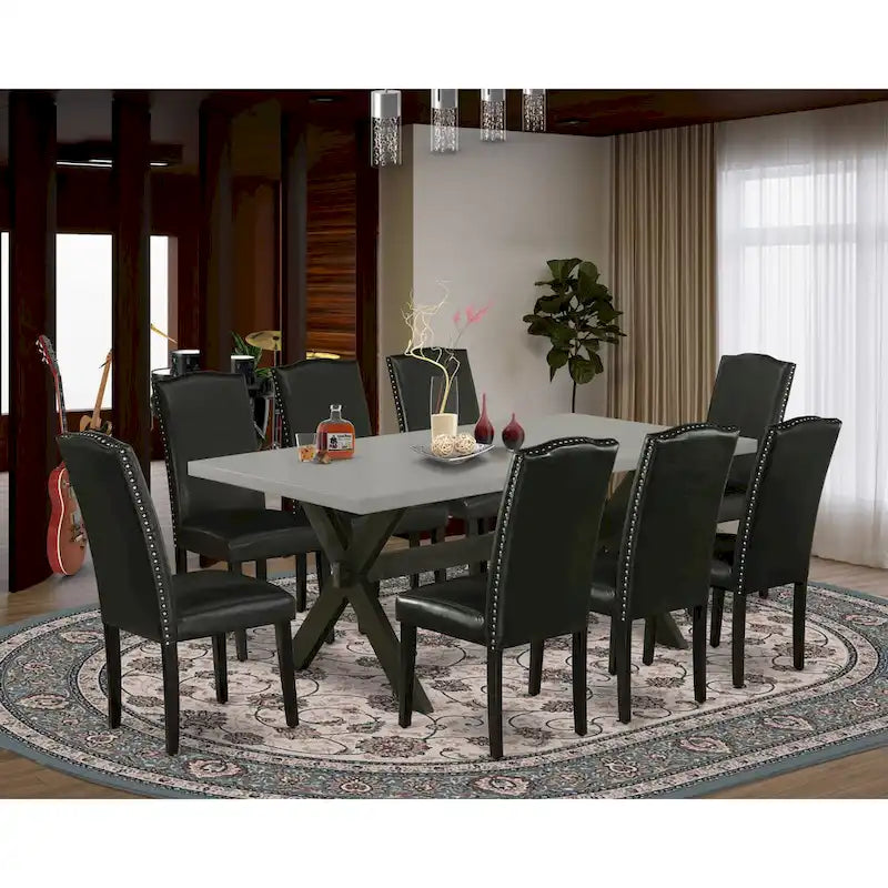 Ensemble de salle à manger East West Furniture – une table de salle à manger et des chaises Parson en cuir PU noir, brossé de fil noir. (Options de pièces)