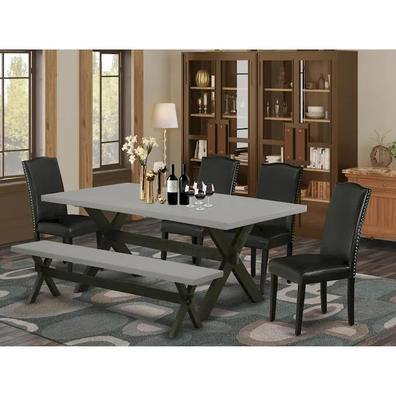 Ensemble de salle à manger East West Furniture – une table de salle à manger et des chaises Parson en cuir PU noir, brossé de fil noir. (Options de pièces)