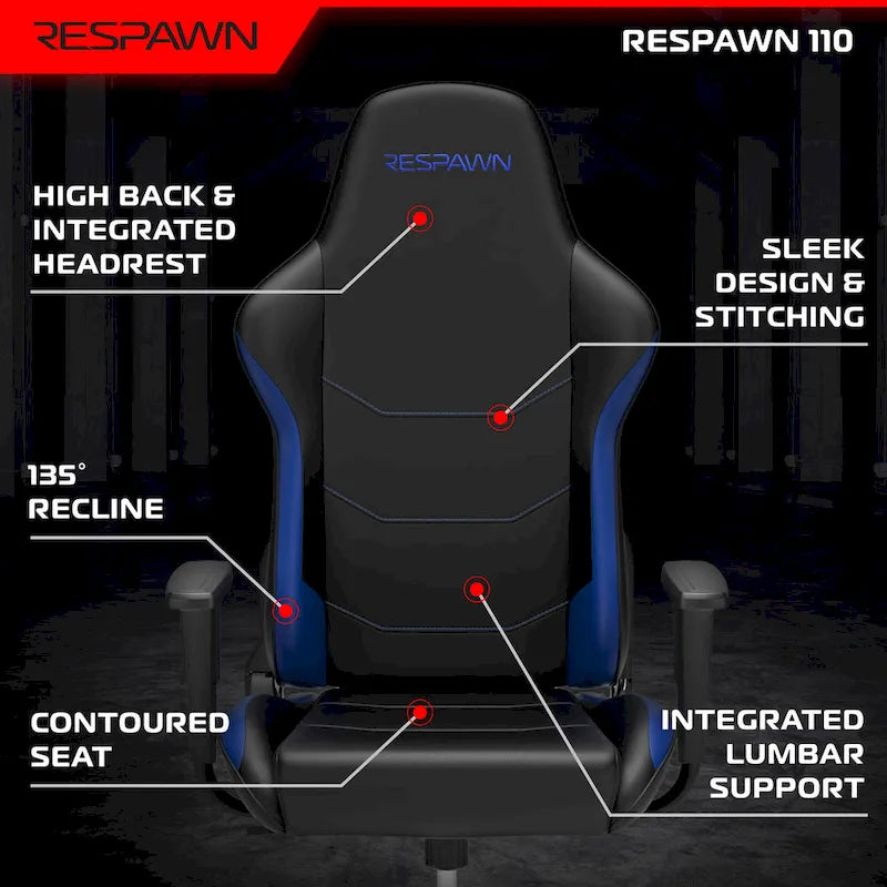 FOTEL GAMINGOWY RESPAWN 110 Ergonomiczny – wysokiej jakości fotel biurowy do komputera w stylu wyścigowym