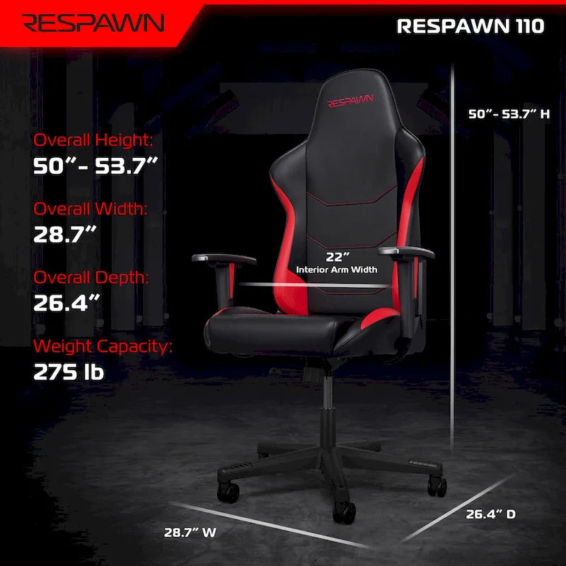FOTEL GAMINGOWY RESPAWN 110 Ergonomiczny – wysokiej jakości fotel biurowy do komputera w stylu wyścigowym