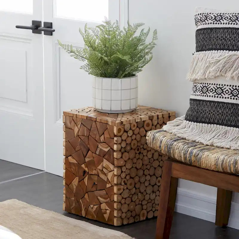 Table d'appoint carrée faite à la main en teck avec motif mosaïque en copeaux de bois - Marron - Roche River Decor - 14Wx14Lx18H
