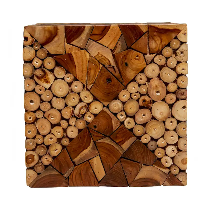 Table d'appoint carrée faite à la main en teck avec motif mosaïque en copeaux de bois - Marron - Roche River Decor - 14Wx14Lx18H