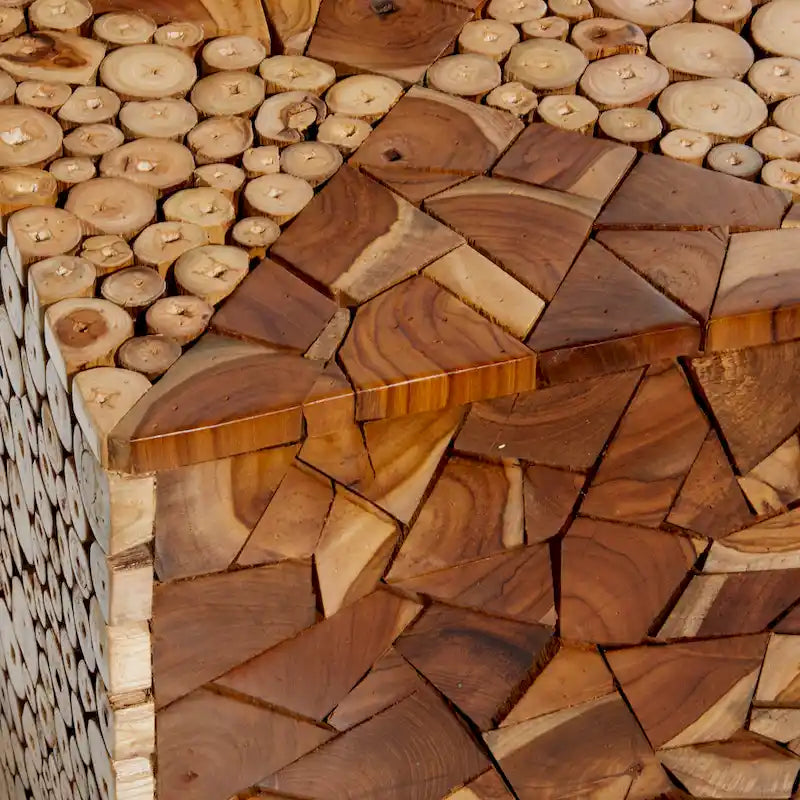 Table d'appoint carrée faite à la main en teck avec motif mosaïque en copeaux de bois - Marron - Roche River Decor - 14Wx14Lx18H