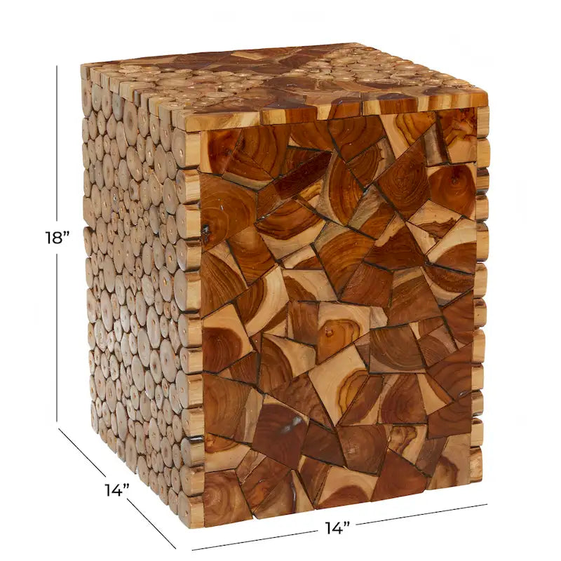 Table d'appoint carrée faite à la main en teck avec motif mosaïque en copeaux de bois - Marron - Roche River Decor - 14Wx14Lx18H