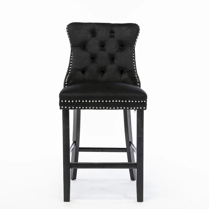 Tabourets de bar contemporains en velours capitonné avec pieds en bois et clous décoratifs chromés, lot de 2