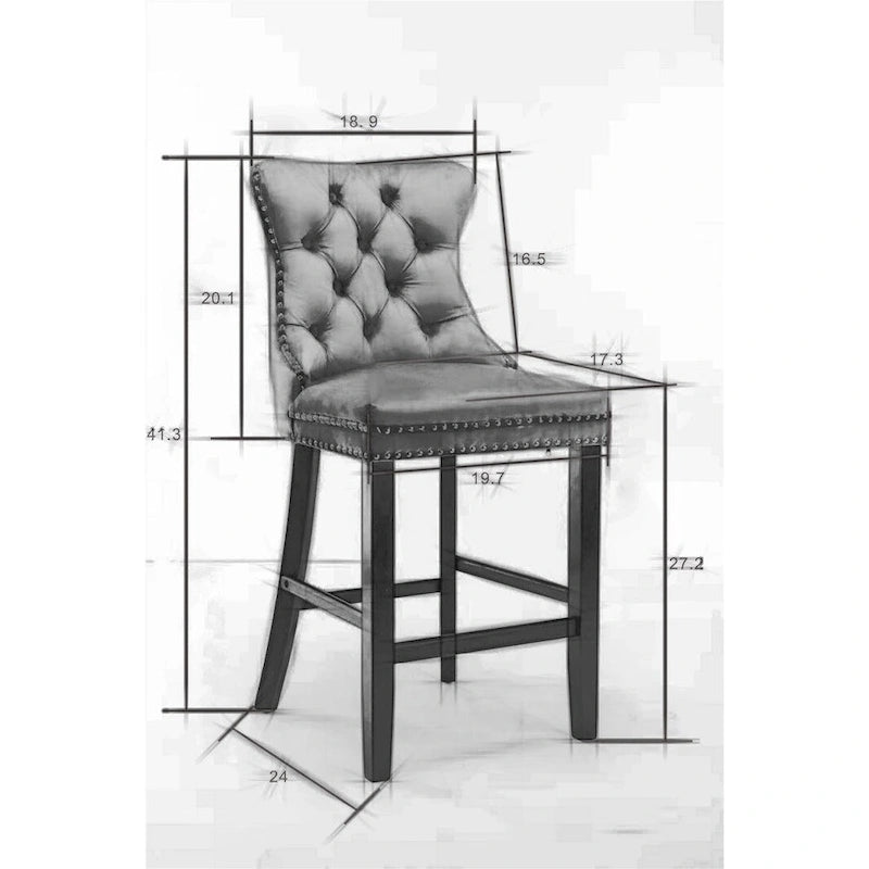 Tabourets de bar contemporains en velours capitonné avec pieds en bois et clous décoratifs chromés, lot de 2