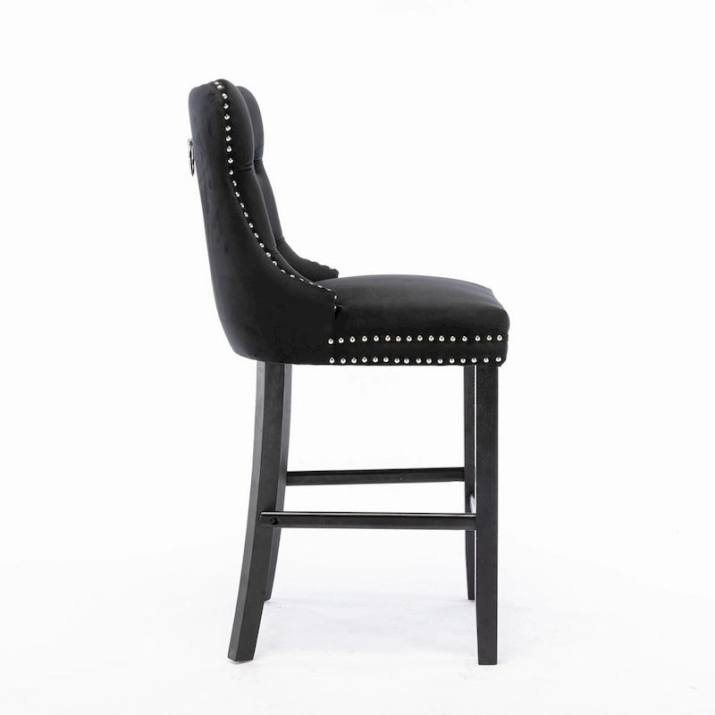 Tabourets de bar contemporains en velours capitonné avec pieds en bois et clous décoratifs chromés, lot de 2