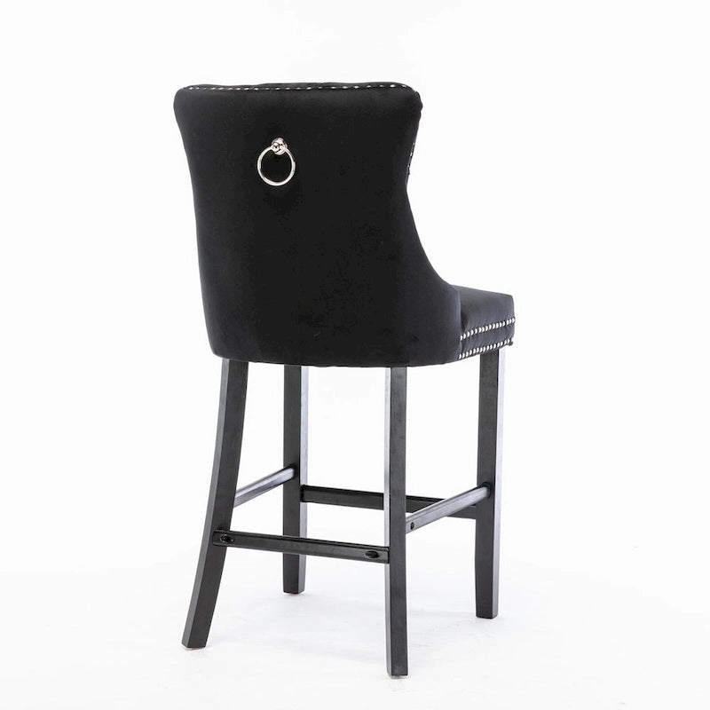 Tabourets de bar contemporains en velours capitonné avec pieds en bois et clous décoratifs chromés, lot de 2