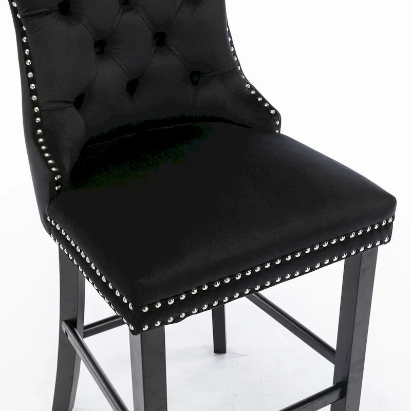 Tabourets de bar contemporains en velours capitonné avec pieds en bois et clous décoratifs chromés, lot de 2