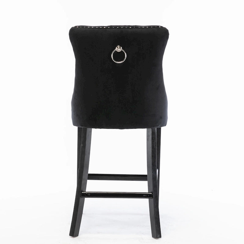 Tabourets de bar contemporains en velours capitonné avec pieds en bois et clous décoratifs chromés, lot de 2