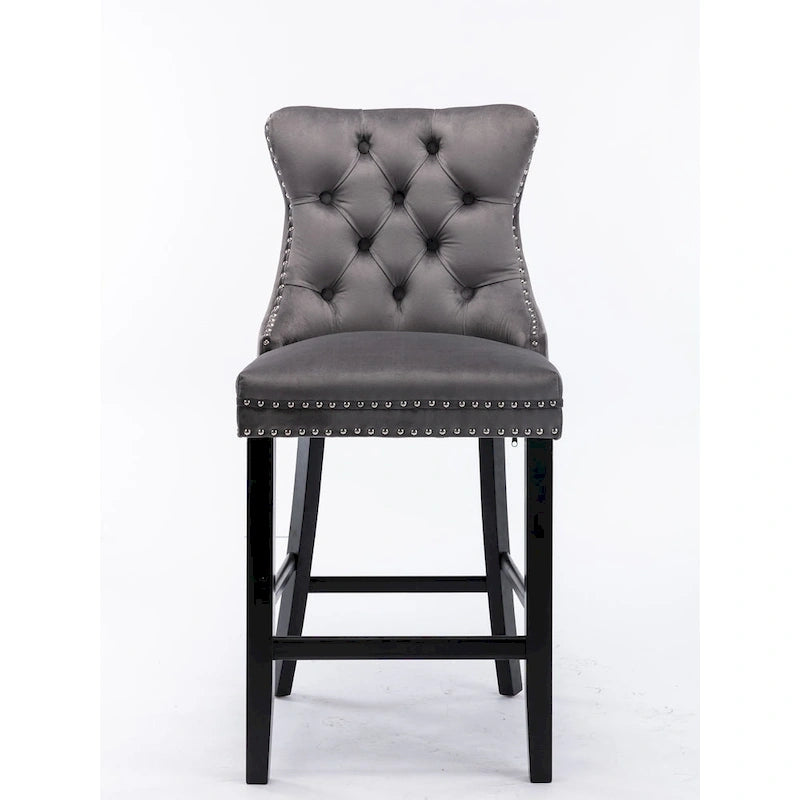 Tabourets de bar contemporains en velours capitonné avec pieds en bois et clous décoratifs chromés, lot de 2