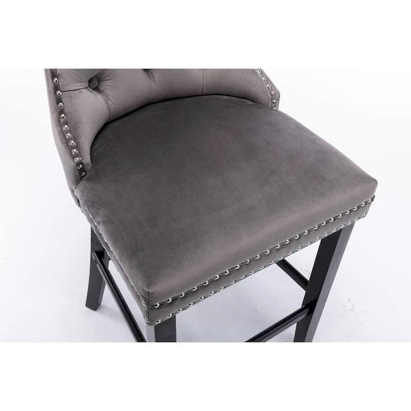 Tabourets de bar contemporains en velours capitonné avec pieds en bois et clous décoratifs chromés, lot de 2