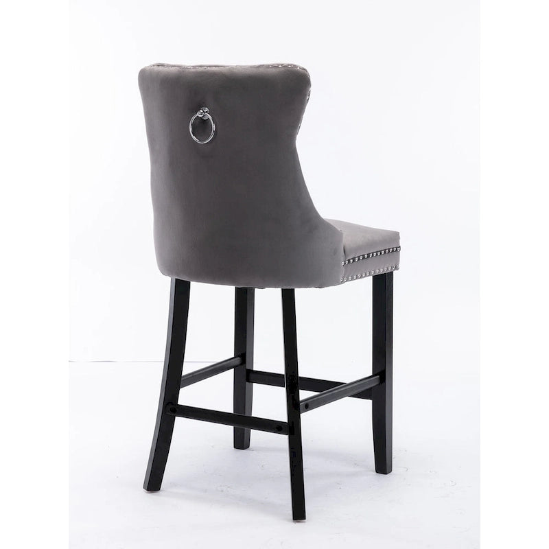 Tabourets de bar contemporains en velours capitonné avec pieds en bois et clous décoratifs chromés, lot de 2