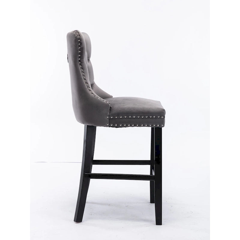 Tabourets de bar contemporains en velours capitonné avec pieds en bois et clous décoratifs chromés, lot de 2