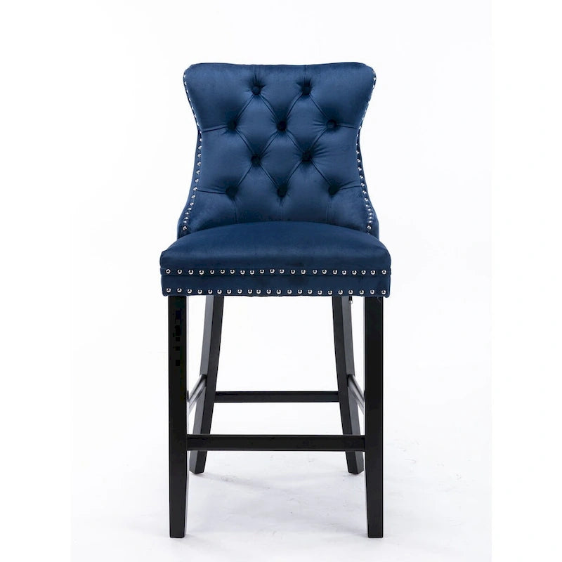 Tabourets de bar contemporains en velours capitonné avec pieds en bois et clous décoratifs chromés, lot de 2