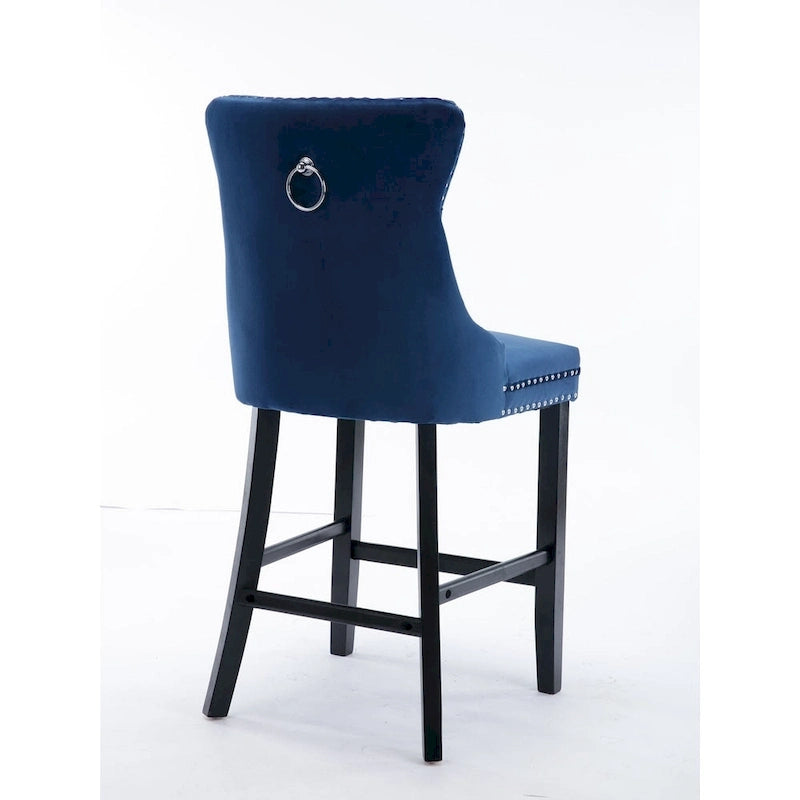 Tabourets de bar contemporains en velours capitonné avec pieds en bois et clous décoratifs chromés, lot de 2