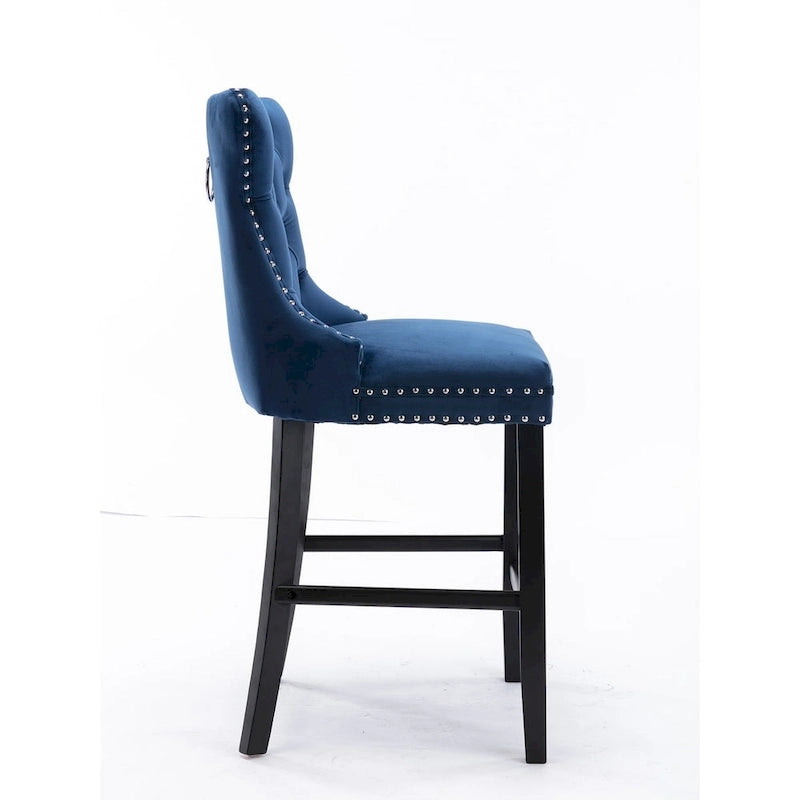 Tabourets de bar contemporains en velours capitonné avec pieds en bois et clous décoratifs chromés, lot de 2