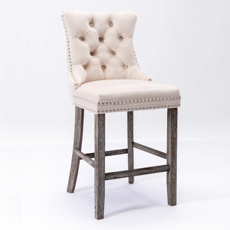 Tabourets de bar contemporains en velours capitonné avec pieds en bois et clous décoratifs chromés, lot de 2