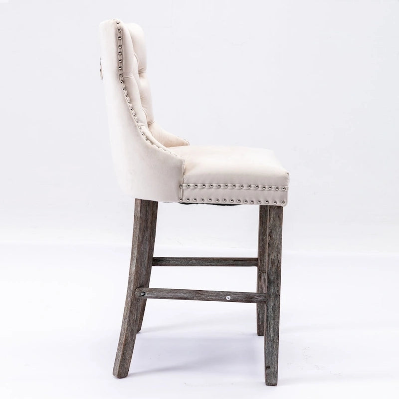 Tabourets de bar contemporains en velours capitonné avec pieds en bois et clous décoratifs chromés, lot de 2