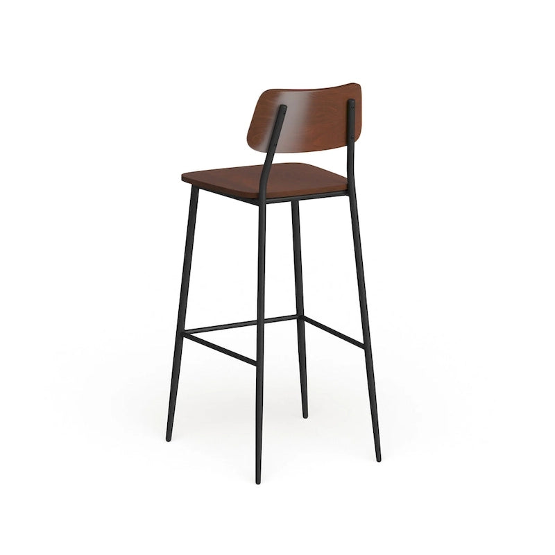 Taboret industrialny z metalową ramą i siedziskiem z surowego drewna