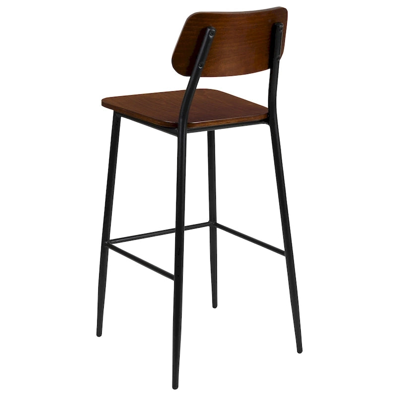 Taboret industrialny z metalową ramą i siedziskiem z surowego drewna