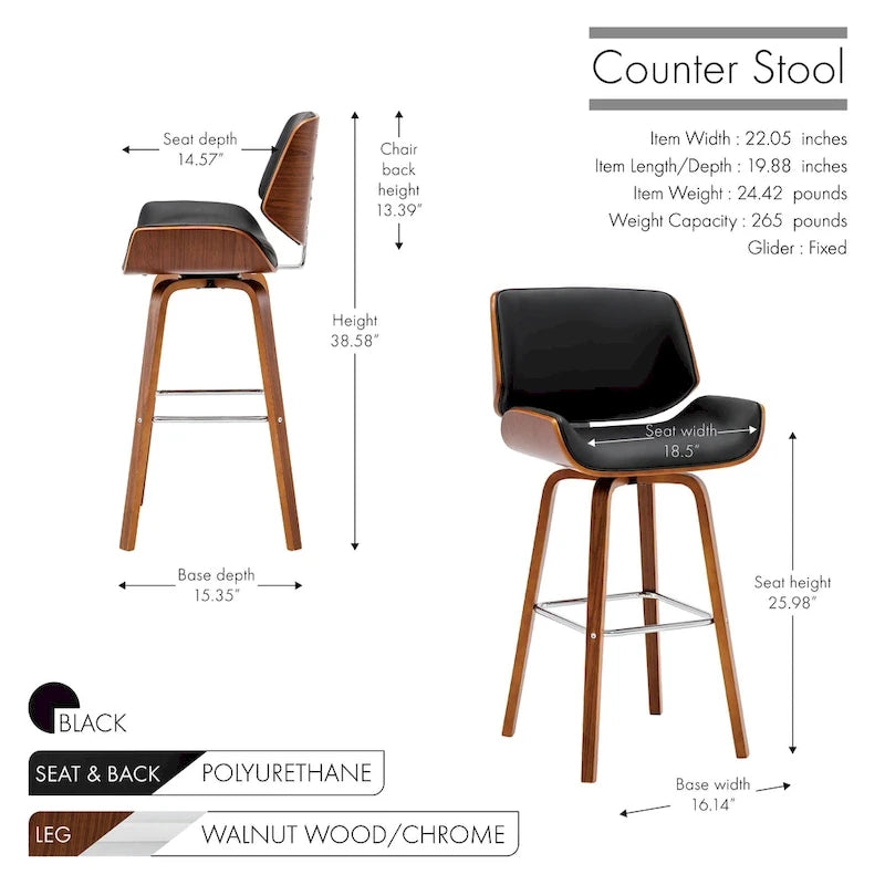 Tabouret de comptoir pivotant Porthos Home Ori, cuir PU, pieds en bois avec repose-pieds