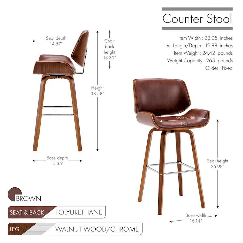 Tabouret de comptoir pivotant Porthos Home Ori, cuir PU, pieds en bois avec repose-pieds