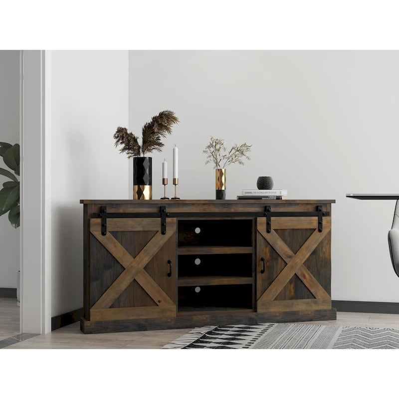 Meuble TV d'angle Bridgevine Home Farmhouse 66 pouces pour téléviseurs jusqu'à 80 pouces, aucun assemblage requis, finition aspect bois de grange