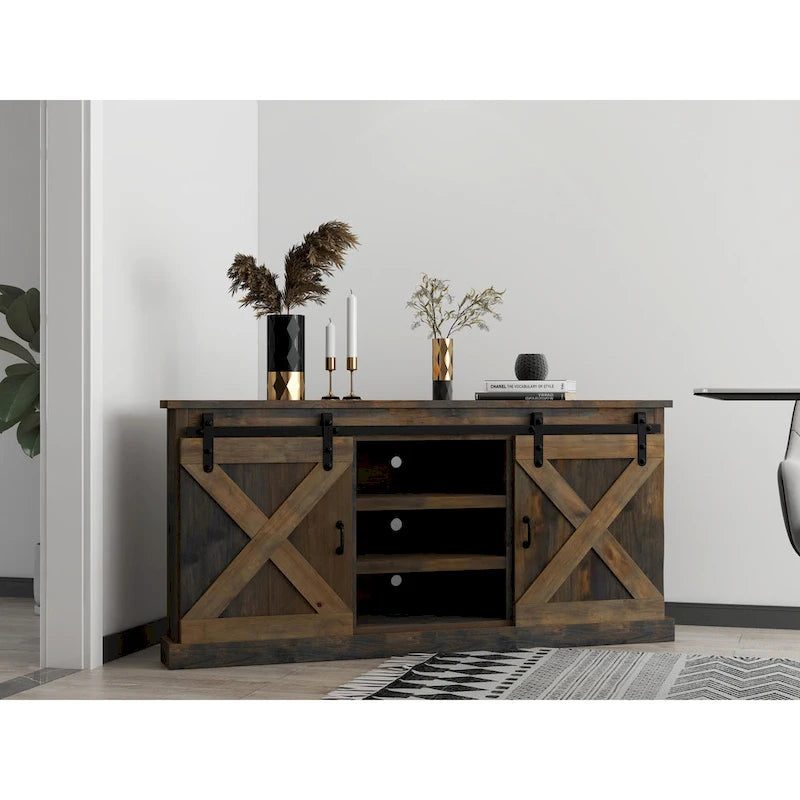 Meuble TV d'angle Bridgevine Home Farmhouse 66 pouces pour téléviseurs jusqu'à 80 pouces, aucun assemblage requis, finition aspect bois de grange
