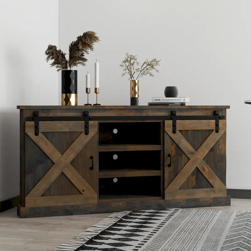 Meuble TV d'angle Bridgevine Home Farmhouse 66 pouces pour téléviseurs jusqu'à 80 pouces, aucun assemblage requis, finition aspect bois de grange