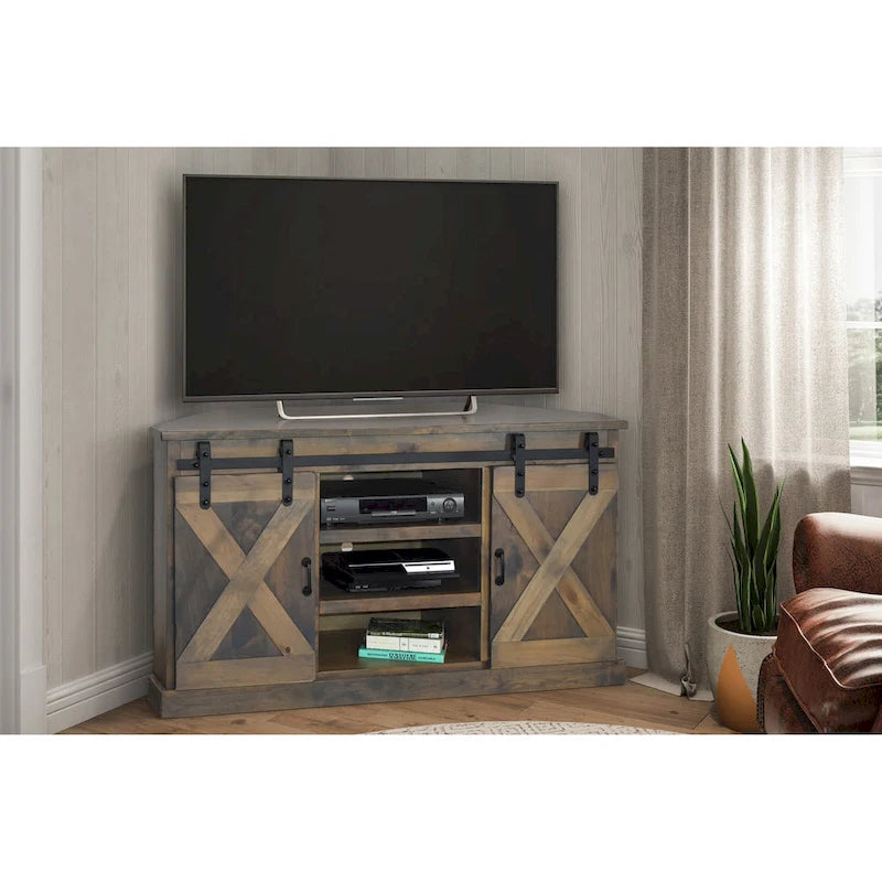Meuble TV d'angle Bridgevine Home Farmhouse 66 pouces pour téléviseurs jusqu'à 80 pouces, aucun assemblage requis, finition aspect bois de grange