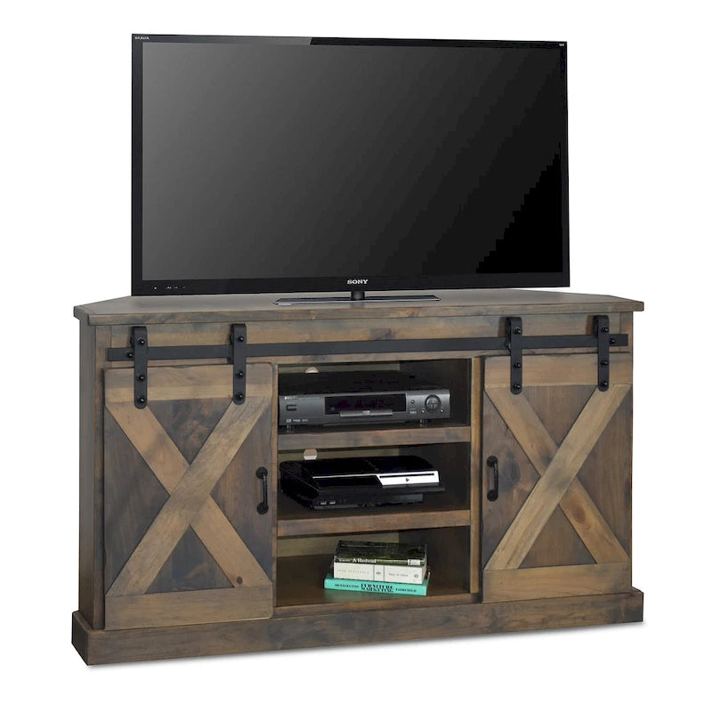 Meuble TV d'angle Bridgevine Home Farmhouse 66 pouces pour téléviseurs jusqu'à 80 pouces, aucun assemblage requis, finition aspect bois de grange