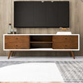 Meuble TV blanc de style Mid-century avec cadre en bois massif, meuble TV avec 6 compartiments de rangement, console TV moderne en noyer