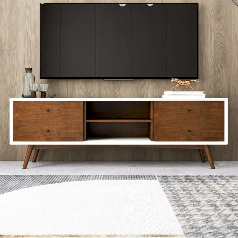 Meuble TV blanc de style Mid-century avec cadre en bois massif, meuble TV avec 6 compartiments de rangement, console TV moderne en noyer