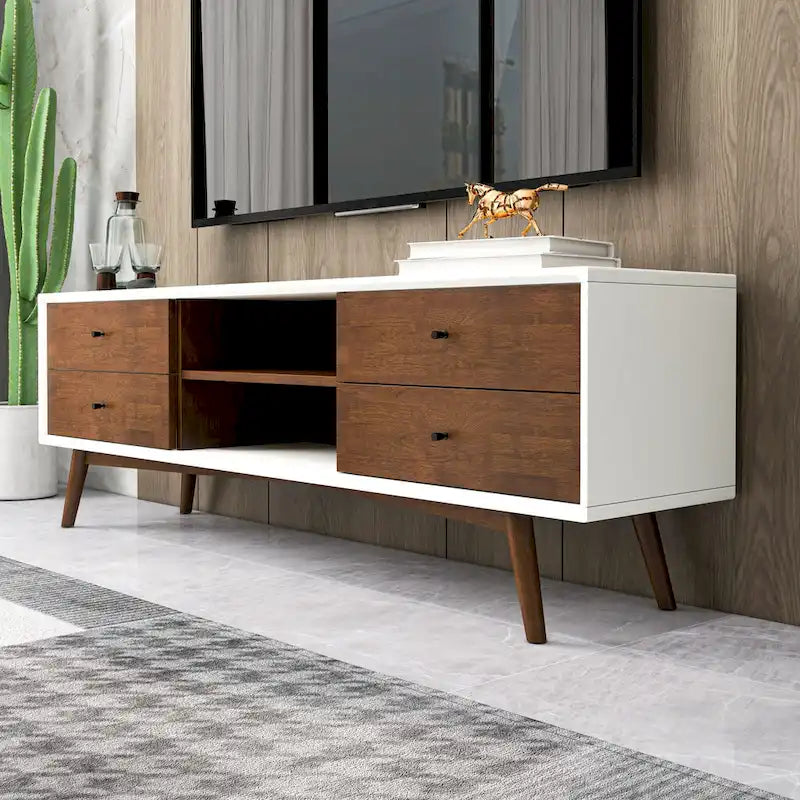 Meuble TV blanc de style Mid-century avec cadre en bois massif, meuble TV avec 6 compartiments de rangement, console TV moderne en noyer