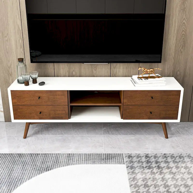 Meuble TV blanc de style Mid-century avec cadre en bois massif, meuble TV avec 6 compartiments de rangement, console TV moderne en noyer